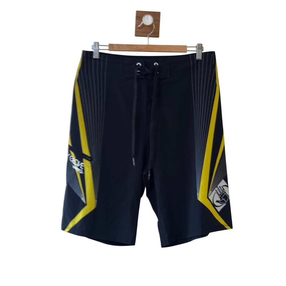 Body Glove Vapor Skin Mens Board Shorts Black Yellow 4-Way Stretch Size 34 49369